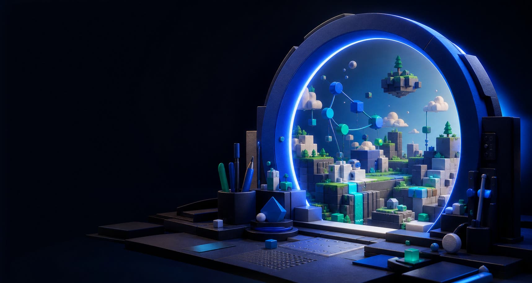 A luminous creative portal opening into a modular game world
