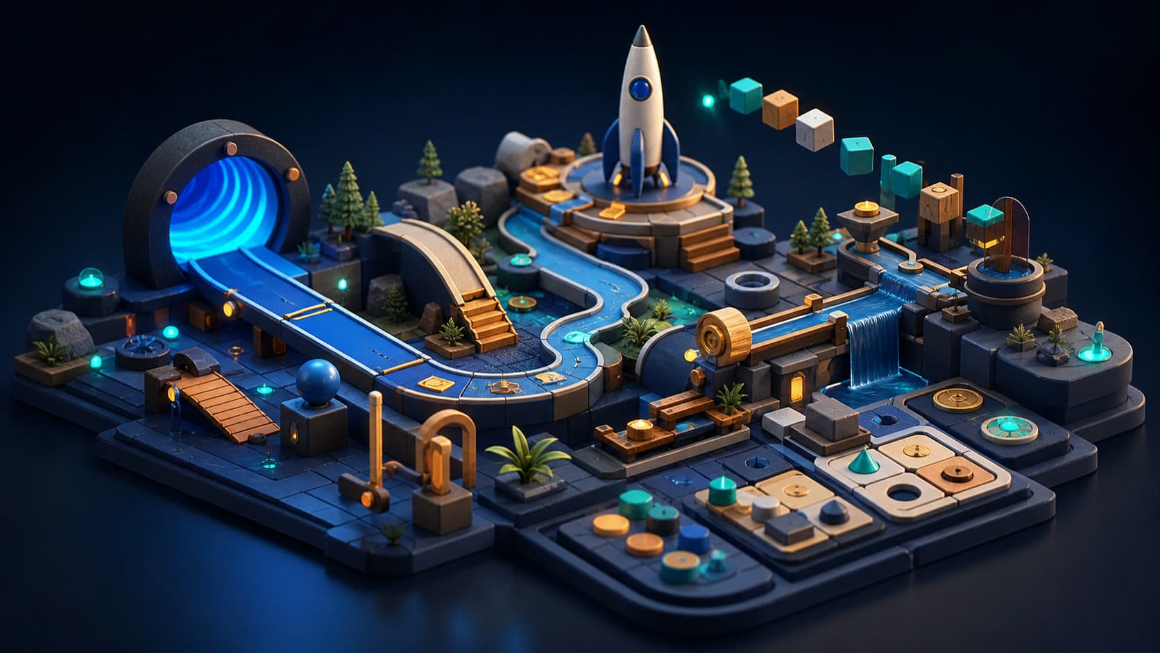 A modular game world of puzzles, water, paths, and a rocket
