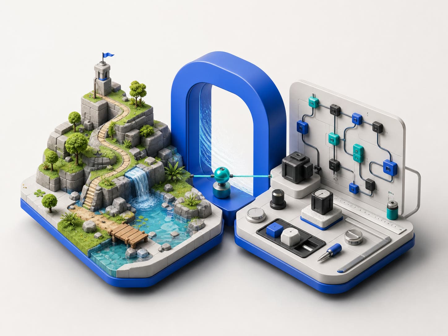 A game world and developer tool bench connected by a cobalt portal